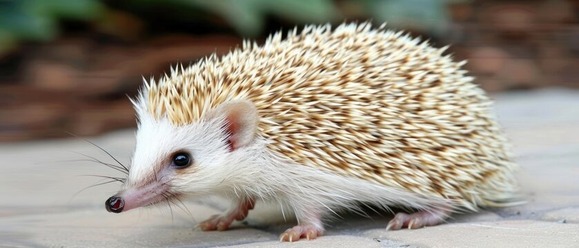 a close up of a small hedgehog on a tile floor with a brick wall and plants in the background.