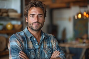 Fototapeta premium A handsome man with a disarming smile stands casually in a rustic restaurant setting, exuding charm and approachability