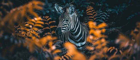 Naklejka na ściany i meble a zebra standing in the middle of a forest filled with green and yellow leaves at night with the sun shining on the zebra's head.