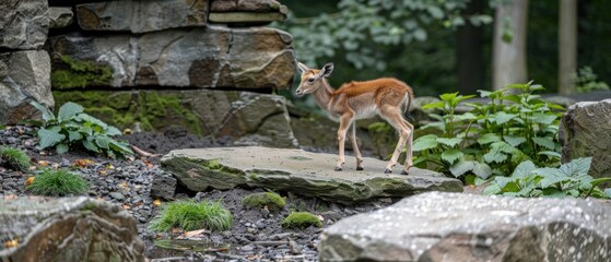 a small deer standing on top of a rock in a forest next to a pile of rocks and greenery.