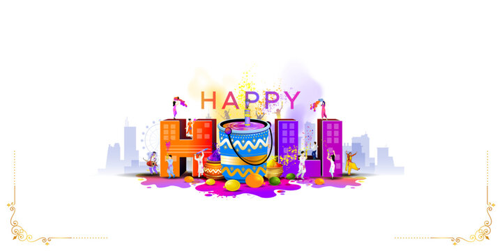 Happy Holi 3d text design. Holi celebration in city and color bucket. Vector Greeting card background.