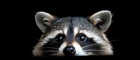 a close up of a raccoon's face on a black background with a blurry look on its face.