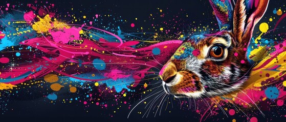a painting of a rabbit's head with colorful paint splatters on it's face and a black background.