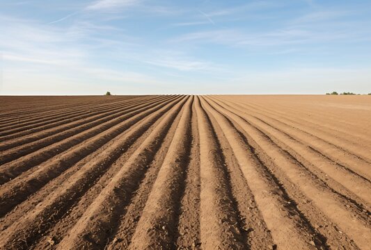 the farm fields are covered with several plowed lines which are depicted in a light blue sky