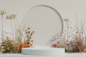 Minimalist podium with wildflowers on neutral background for product display.