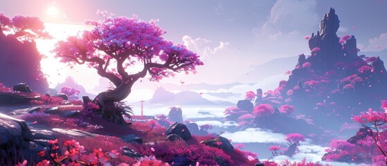 a screenshot of a landscape with a tree in the foreground and pink flowers on the ground in the foreground.