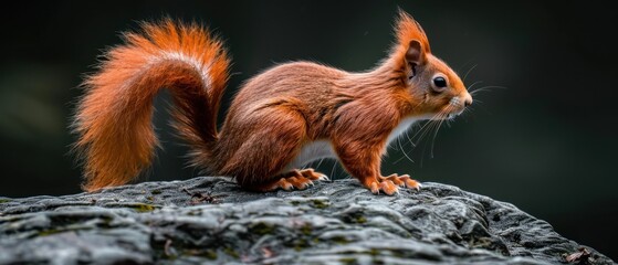 a red squirrel is standing on top of a rock and looking at the camera with a serious look on its face.