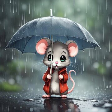 Cute gray mouse with a red jacket under a gray umbrella in the rain