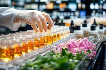 A scientist's hand is capping bottles of yellow herbal extracts or essential oils in a laboratory, intended for development into aromatherapy products, perfumes, cosmetics, and medicines.
 - obrazy, fototapety, plakaty