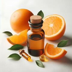 glass bottle of orange essential oil on white background