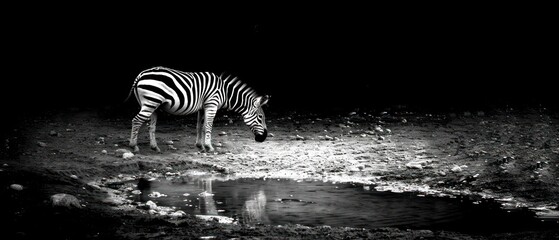Fototapeta na wymiar a black and white photo of a zebra drinking from a pool of water in a dark area with rocks on the ground.