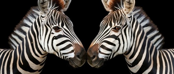 two zebras standing next to each other with their heads facing each other with their noses close to each other.