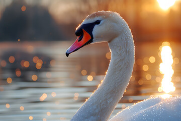 Close Up of a Swan Floating on Water - obrazy, fototapety, plakaty