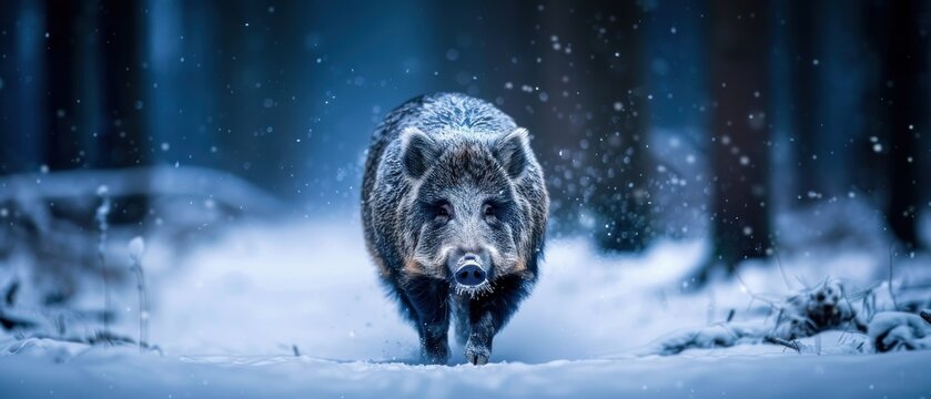 a wild boar is walking through the snow in the middle of a wooded area with snow falling on the ground and trees in the background.