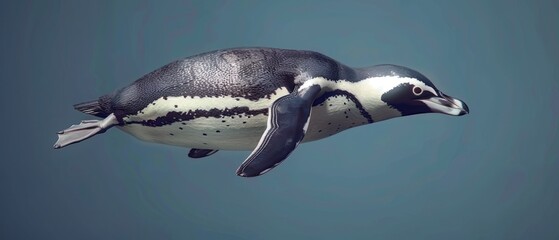 a black and white penguin floating in the air with its head turned to look like it's coming out of the water.