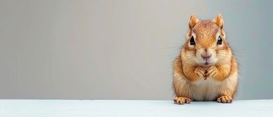 a close up of a squirrel sitting on a table looking at the camera with a surprised look on its face.
