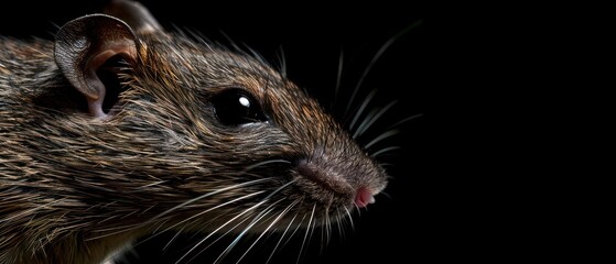 a close up of a rodent's face on a black background with a blurry look on its face.