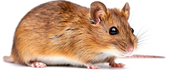 a brown and white mouse sitting on top of a white surface and looking at the camera with a curious look on its face.