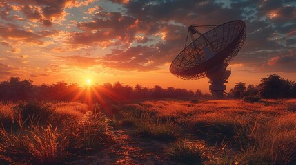 Silhouette of a radio telescope at sunset - obrazy, fototapety, plakaty