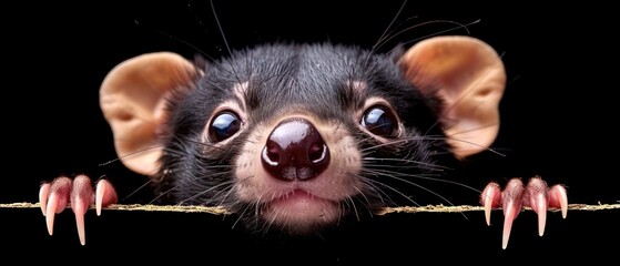 a close up of a rat on a rope with it's head sticking out of it's mouth.