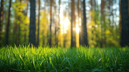 natural background with green grass in focus and blurry forest trees in the background