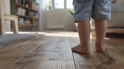 Baby feet doing the first steps. Baby's first steps. Child's bare feet on a wooden floor in front of a window. A lonely kid standing in front of a window in the room in the morning. Generative ai