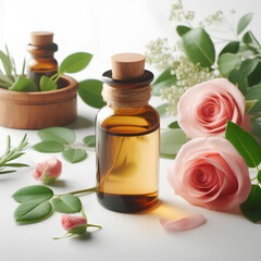 glass bottle of rose essential oil on white background