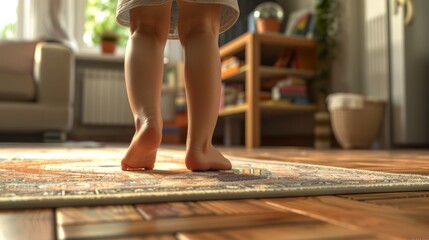 Baby feet doing the first steps. Baby's first steps. Child's bare feet on a wooden floor in front of a window. A lonely kid standing in front of a window in the room in the morning. Generative ai