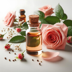 glass bottle of rose essential oil on white background