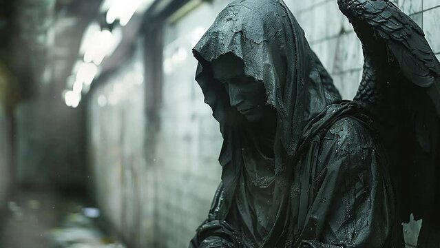 Statue of a person with wings in a flooded basement