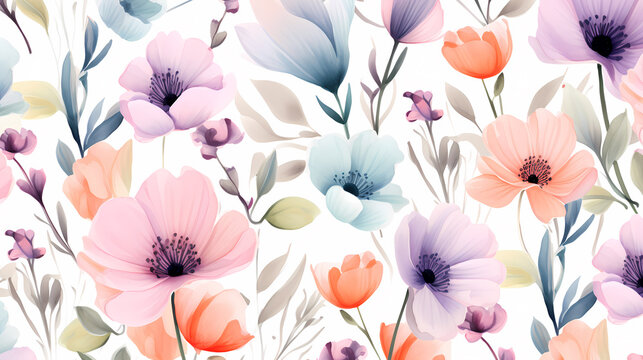 Watercolor seamless pattern with spring flowers