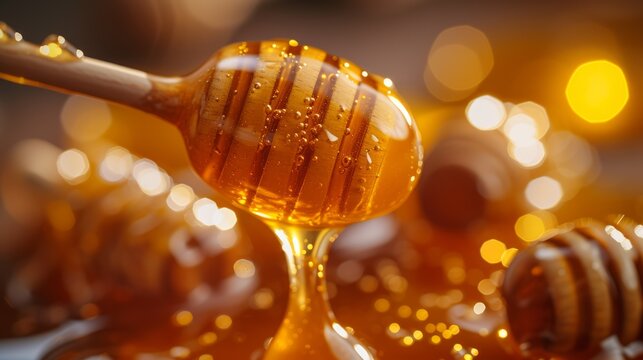 Honey dripping from a wooden honey dipper on honeycombs, on a golden bokeh background