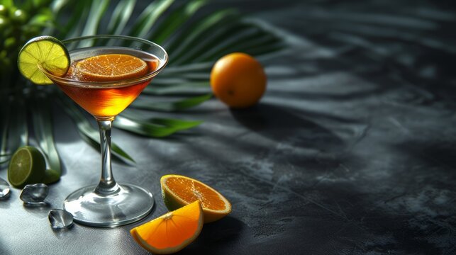 Image of a delicious cocktail presented on a sleek black tabletop, copy space for text