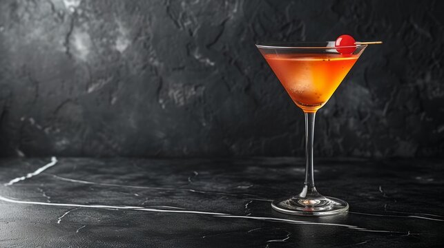 Image of a delicious cocktail presented on a sleek black tabletop, copy space for text