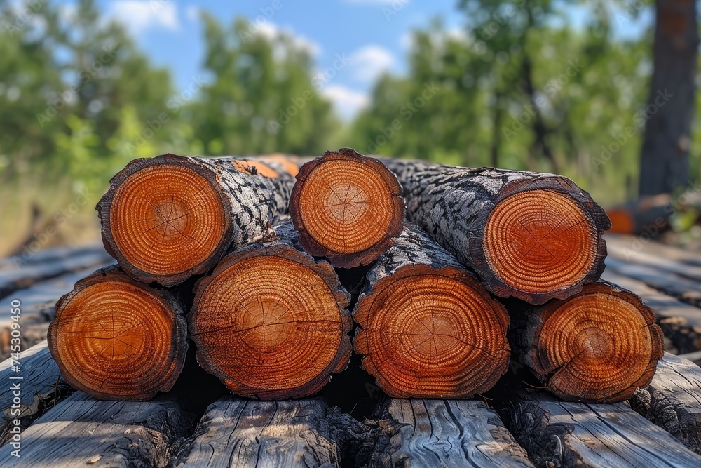 Poster close-up image of a stack of freshly cut tree logs highlighted by the intricate details of the wood 