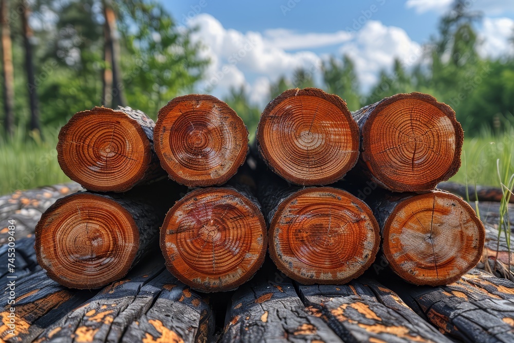 Poster Close-up of a neatly stacked pile of freshly cut timber, showcasing the detailed patterns of tree rings