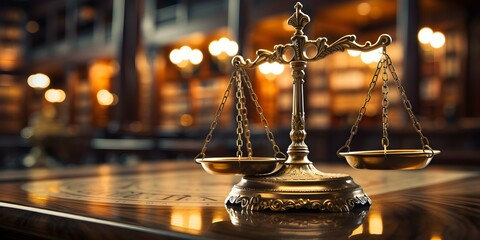 Symbolic image of justice system with gavel and scales in library. Concept Justice System, Gavel, Scales, Symbolic Imagery, Library - obrazy, fototapety, plakaty
