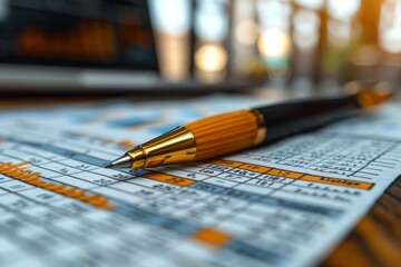 Fototapeta premium Detailed photo highlighting a golden pen on financial charts, with a focus on investment and analysis