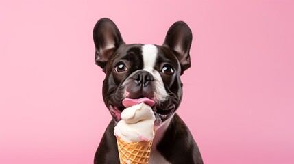 Bulldog licking an ice cream - obrazy, fototapety, plakaty