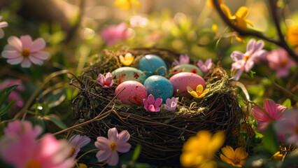 Fototapeta na wymiar Easter Nest in Bloom: Pastel Eggs and Spring Flowers