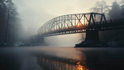 Naklejka premium A beautiful large bridge over the river in the fog at sunset, dawn. Generated by artificial intelligence