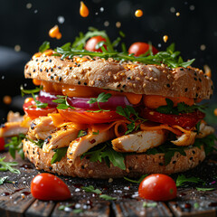 Sandwich with chicken and tomato, cheese