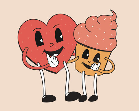 heart and cupcake with eyes, cartoon groovy characters in retro style