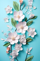 pink and white flowers with green leaves on a blue background