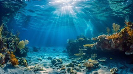 Fototapeta na wymiar Underwater Coral reef and bright ray sun. Generative AI