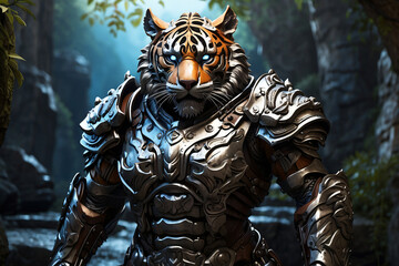 tiger wearing fantasy iron armor