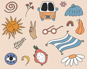 Groovy hippie 70s set. Funny cartoon Stickers pack in trendy retro cartoon style