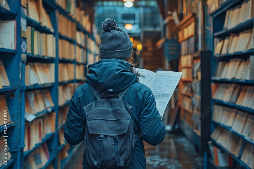 Poster a student engrossed in reading a large opened book amongst the rows of a library, suggesting a thirs