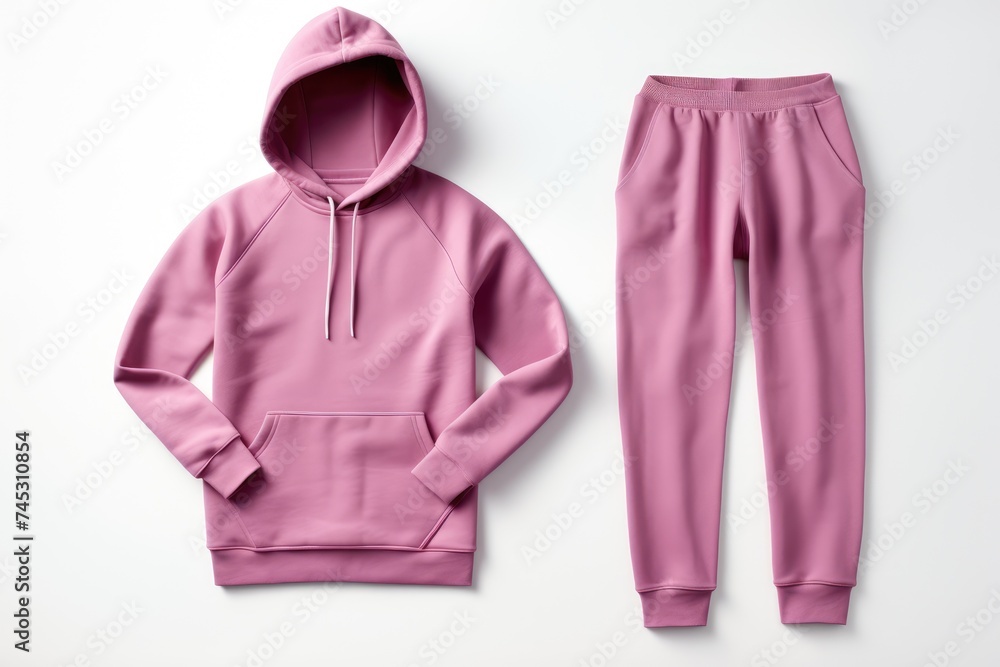 Wall mural A flat lay photo of a matching pink hoodie and sweatpants set on a white background