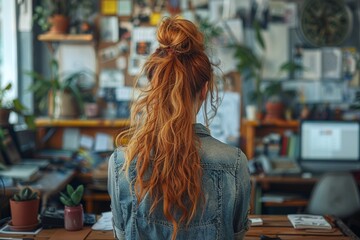 Rear view of a red-haired woman contemplating a shelf full of various items in a disorganized fashion